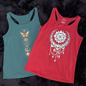 2 PIECES - Red Graphic Mandala Tank & Teal Butterfly Moon Tank